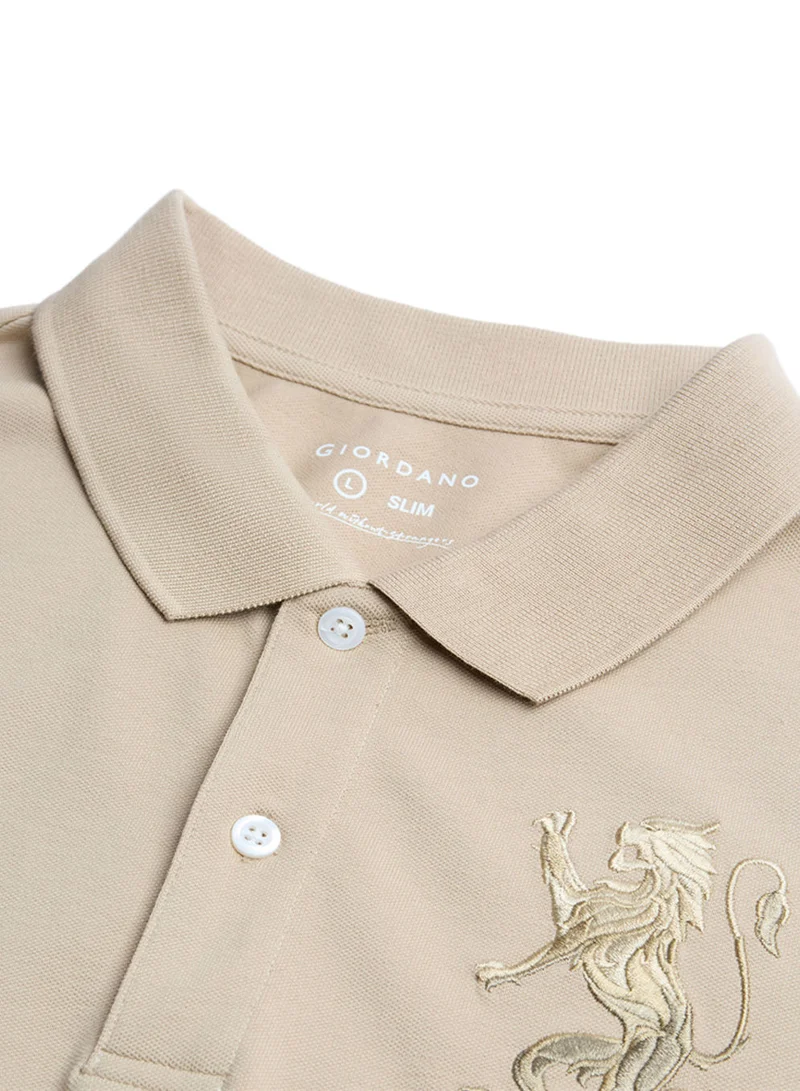 GIORDANO  Men’s Slim Fit 3D Lion Embroidery Lycra Pique Polo for Men | Best Price UAE